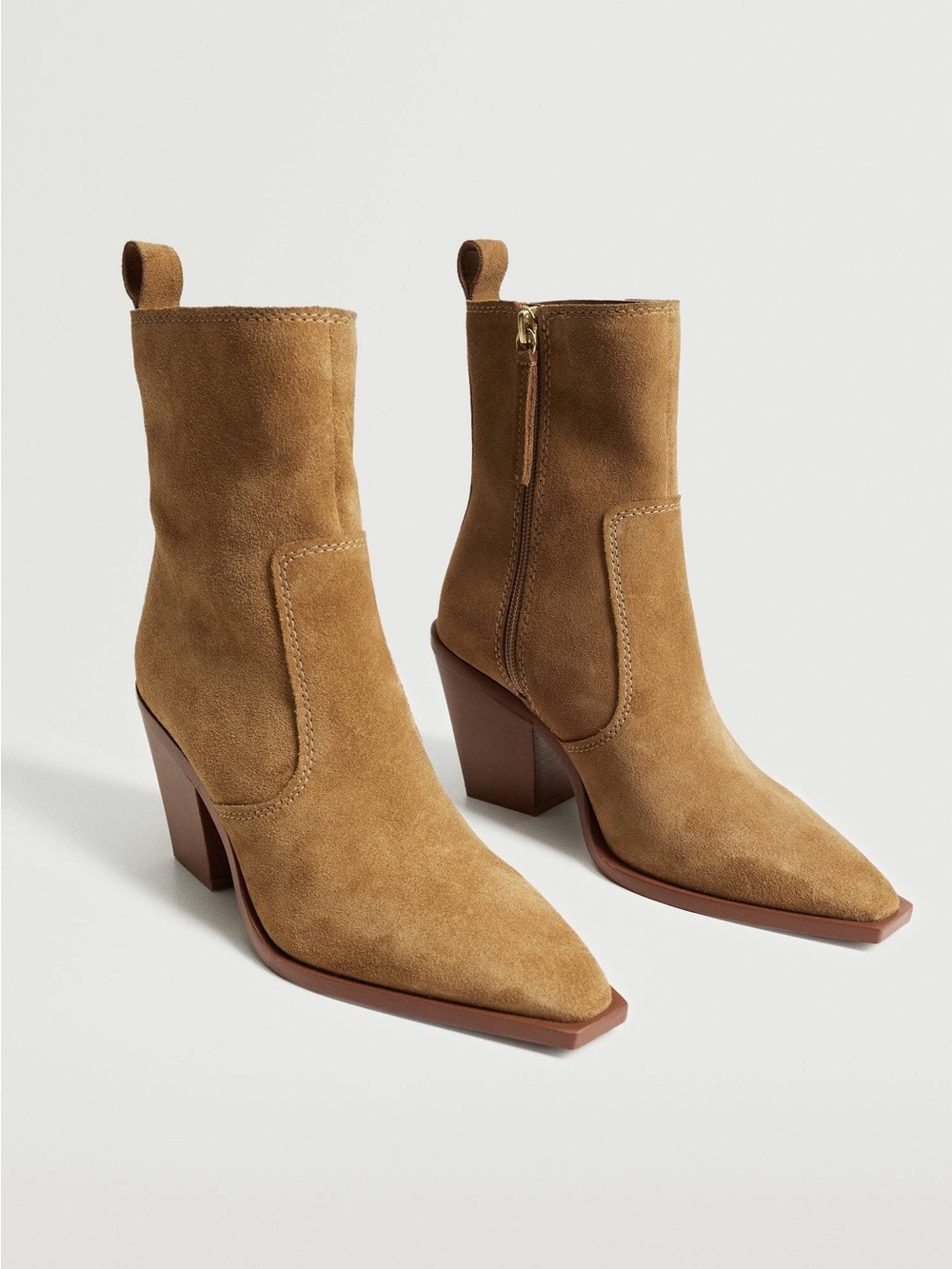 Mango Tan Suede Pointed-Toe Mid Heel Ankle Boots